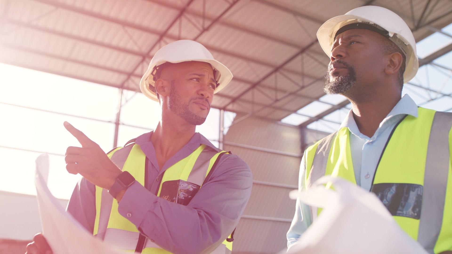 Architecture people, blueprint and outdoor planning, teamwork or collaboration at construction site. Engineering project, floor plan and contractor or partner in building development